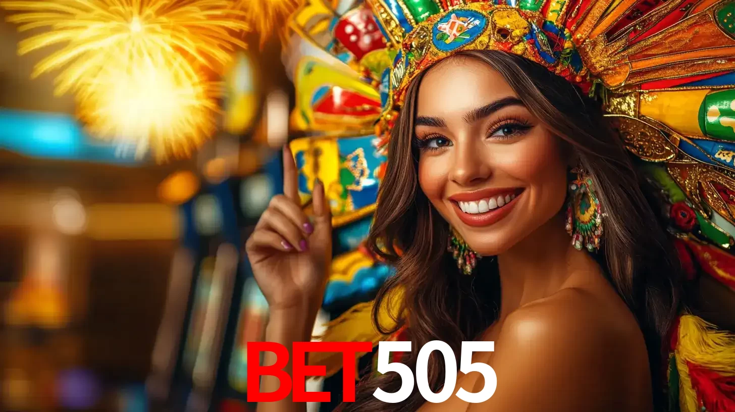 Mulher sorridente com um cocar de carnaval vibrante e colorido, celebrando uma grande vitória nos jogos do cassino bet505 com fogos de artifício ao fundo.