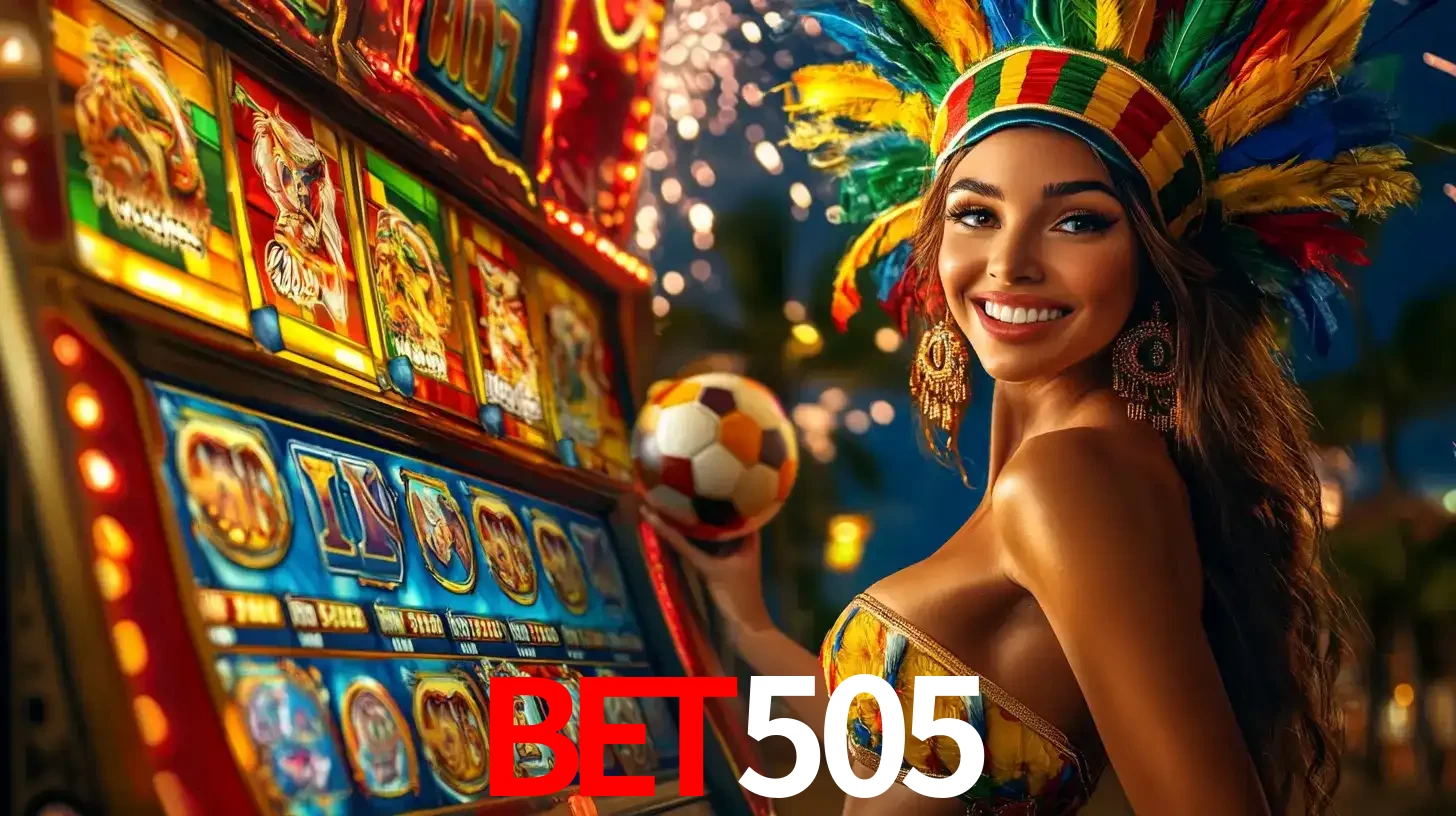 Mulher com um cocar de carnaval ao lado de uma máquina de caça-níqueis enquanto segura uma bola de futebol, mostrando a união da diversão de cassino e esportes no bet505.