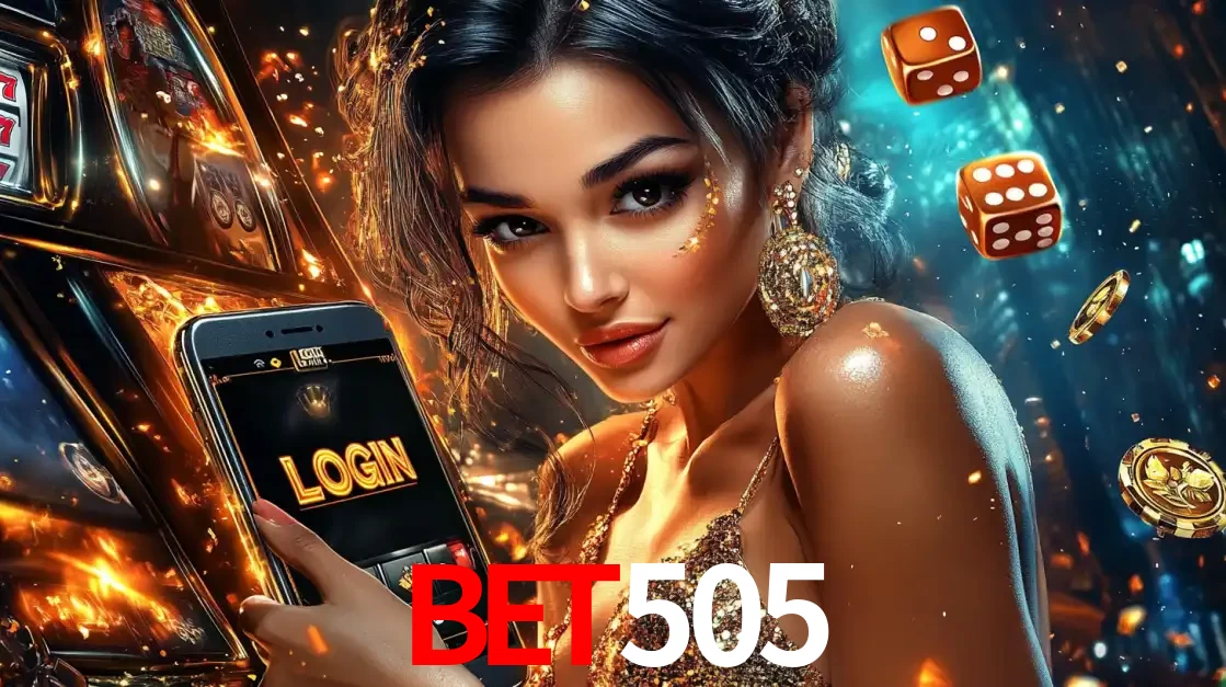 Mulher glamourosa segurando um celular com a tela de login do cassino bet505, rodeada por dados e moedas douradas, pronta para começar a diversão.