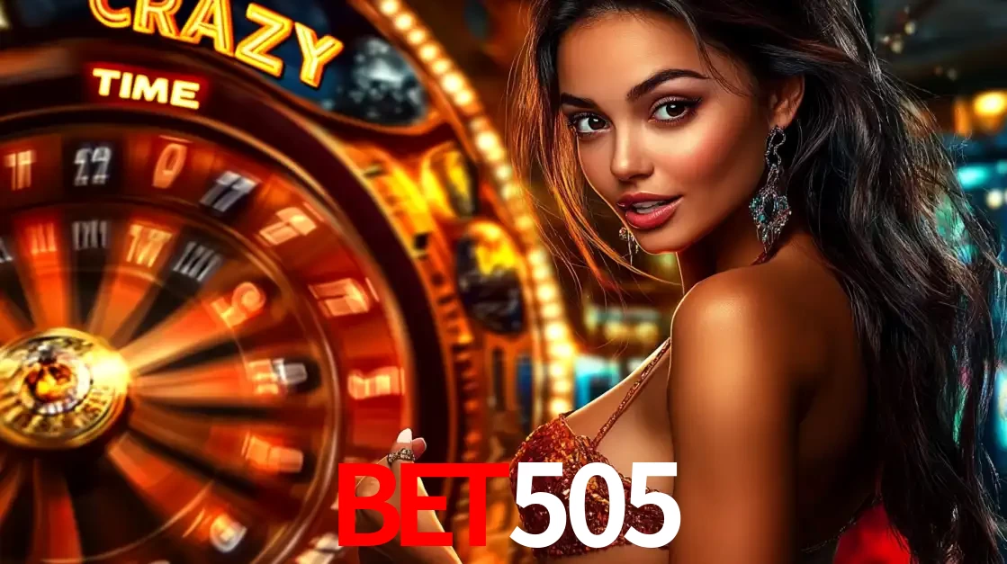 Mulher ao lado da roda de prêmios do jogo de cassino ao vivo Crazy Time, um dos shows de jogos mais emocionantes oferecidos pela plataforma de apostas bet505.