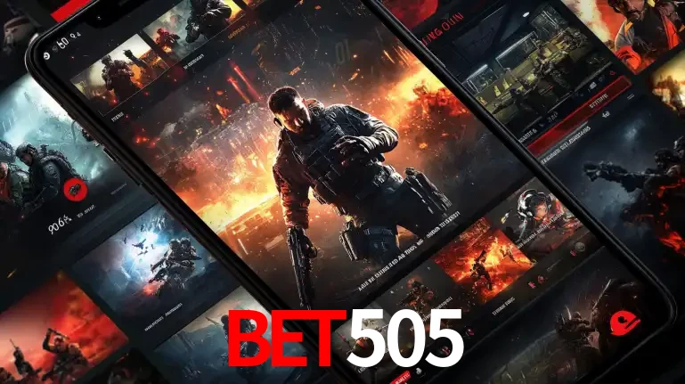 Tela de um celular exibindo uma galeria de jogos de tiro com temática militar, mostrando a variedade de e-sports disponíveis para apostas na plataforma de entretenimento bet505.