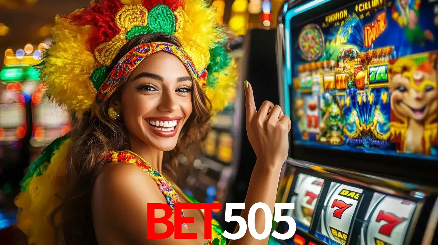 Mulher animada com um cocar de carnaval apontando para uma máquina de caça-níqueis, mostrando a emoção de ganhar um grande prêmio nos jogos do bet505.
