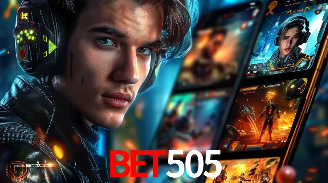 Jovem jogador com fones de ouvido olhando para a câmera, com um aplicativo de jogos e e-sports para celular ao fundo, pronto para a competição e apostas no bet505.