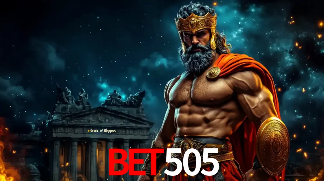 O poderoso Zeus do jogo de slot Gates of Olympus em frente ao seu templo, pronto para lançar multiplicadores divinos e prêmios épicos no cassino online bet505.
