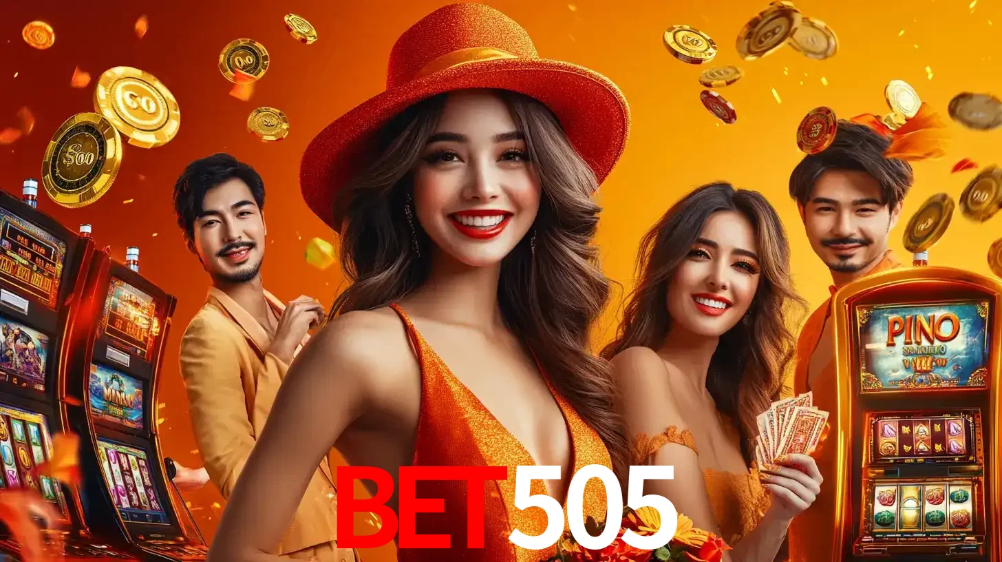 Grupo de amigos asiáticos sorrindo e se divertindo com máquinas de caça-níqueis em um ambiente festivo, celebrando suas vitórias nos jogos de cassino do bet505.
