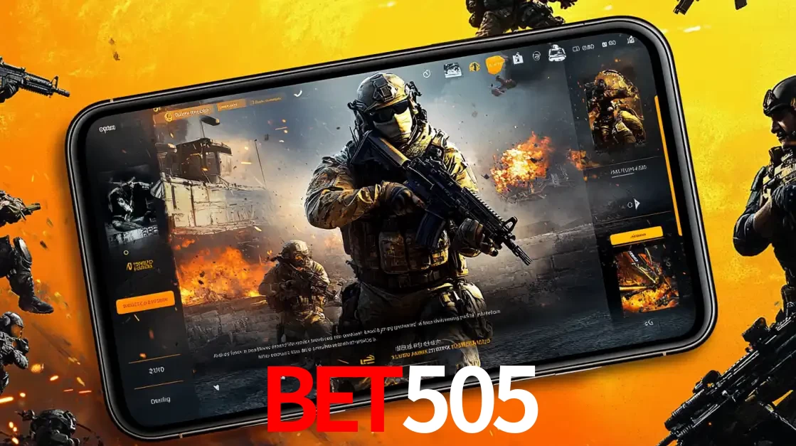 Um smartphone exibindo a interface de um jogo de tiro em primeira pessoa, com um soldado em um cenário de batalha, representando a ação dos e-sports para apostar no bet505.