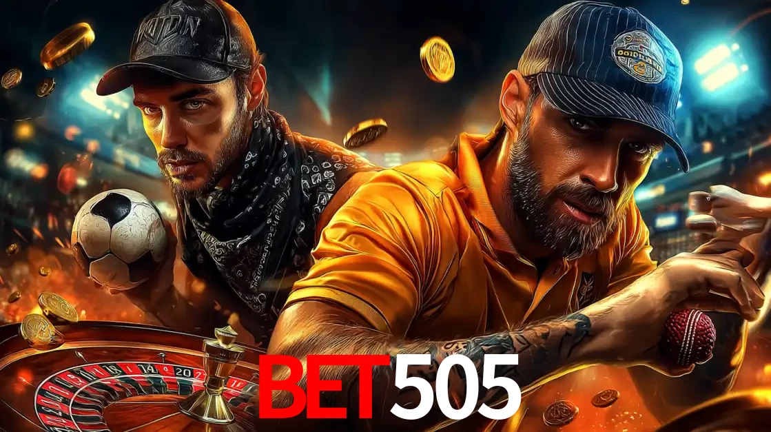 Montagem de apostas esportivas e cassino no bet505, com um homem segurando uma bola de futebol e outro uma de beisebol sobre uma roleta e moedas voadoras.