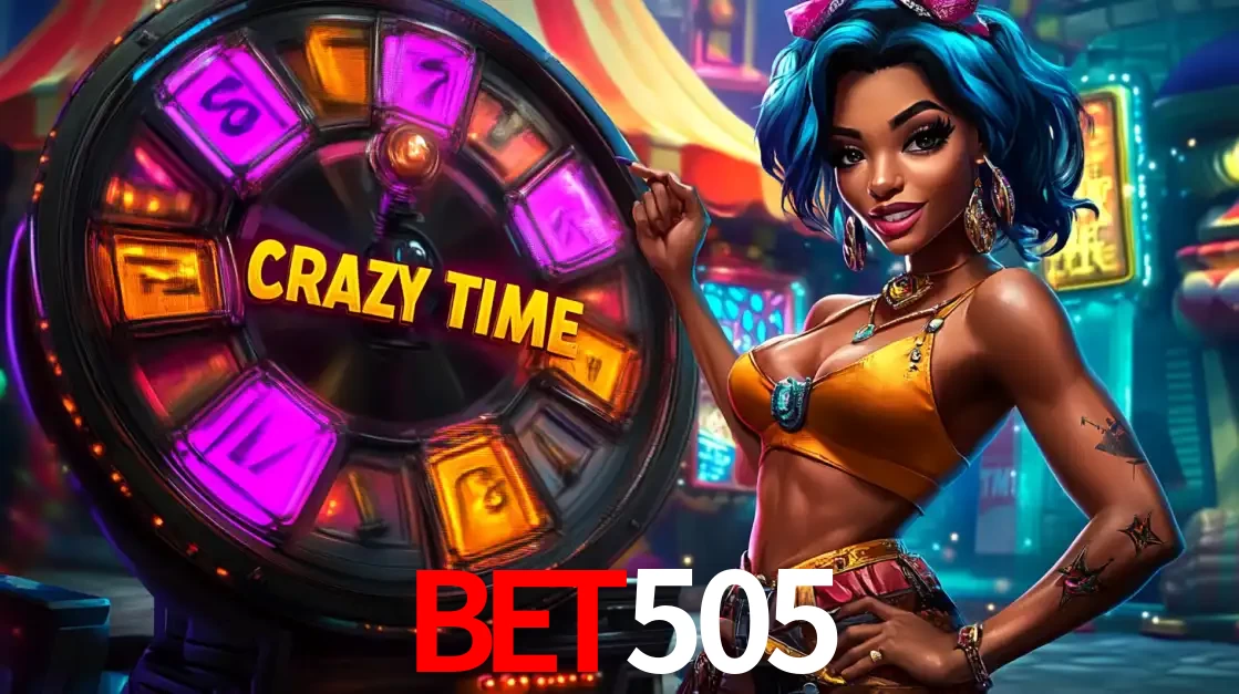 Mulher estilizada com cabelo azul e visual vibrante posando ao lado da roda de prêmios do game show Crazy Time, convidando para a diversão e os bônus do cassino bet505.