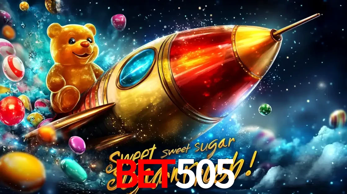 Arte promocional do jogo de slot Sugar Rush, com um urso de pelúcia em um foguete viajando pelo espaço de doces, um dos jogos divertidos disponíveis no cassino bet505.