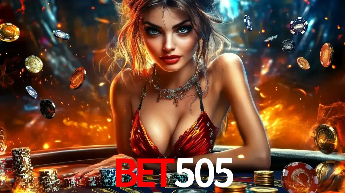 Mulher em uma mesa de cassino com pilhas de fichas e um fundo de fogo, pronta para uma rodada de altas apostas nos jogos de mesa emocionantes do cassino bet505.