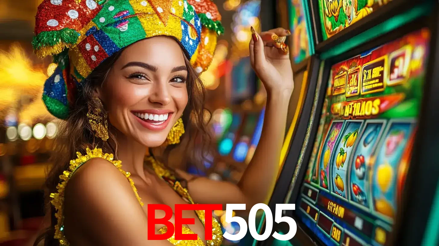 Mulher feliz com traje de carnaval amarelo e colorido ao lado de uma máquina de caça-níqueis, aproveitando a diversão e os jogos temáticos do cassino bet505.