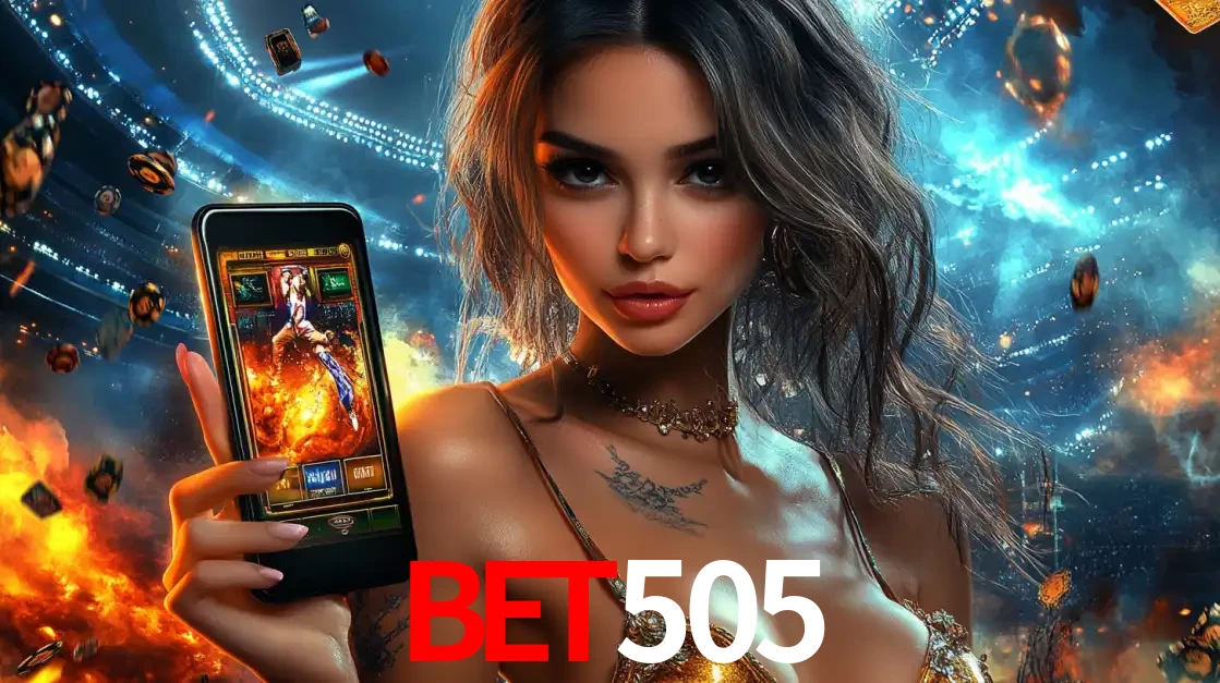 Mulher segurando um celular com um jogo de slot em destaque, tendo como fundo um estádio vibrante, simbolizando a emoção de jogar no cassino móvel bet505.