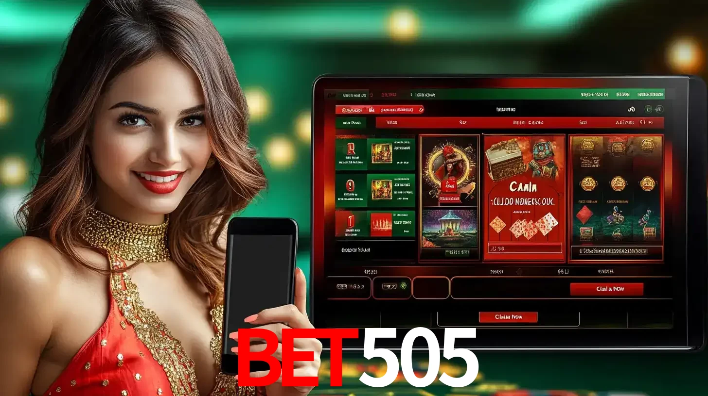 Mulher sorridente segurando um smartphone, ao lado de uma tela exibindo o lobby de jogos do cassino online bet505, com várias opções de jogos de cartas e slots.